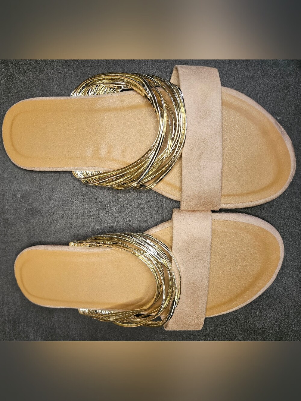 Suede Slide Sandals with Gold Accent - Beige